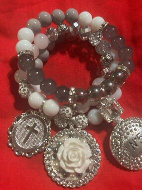 Silver & White Beaded Charm Bracelet Set - Floral and Cross Charms